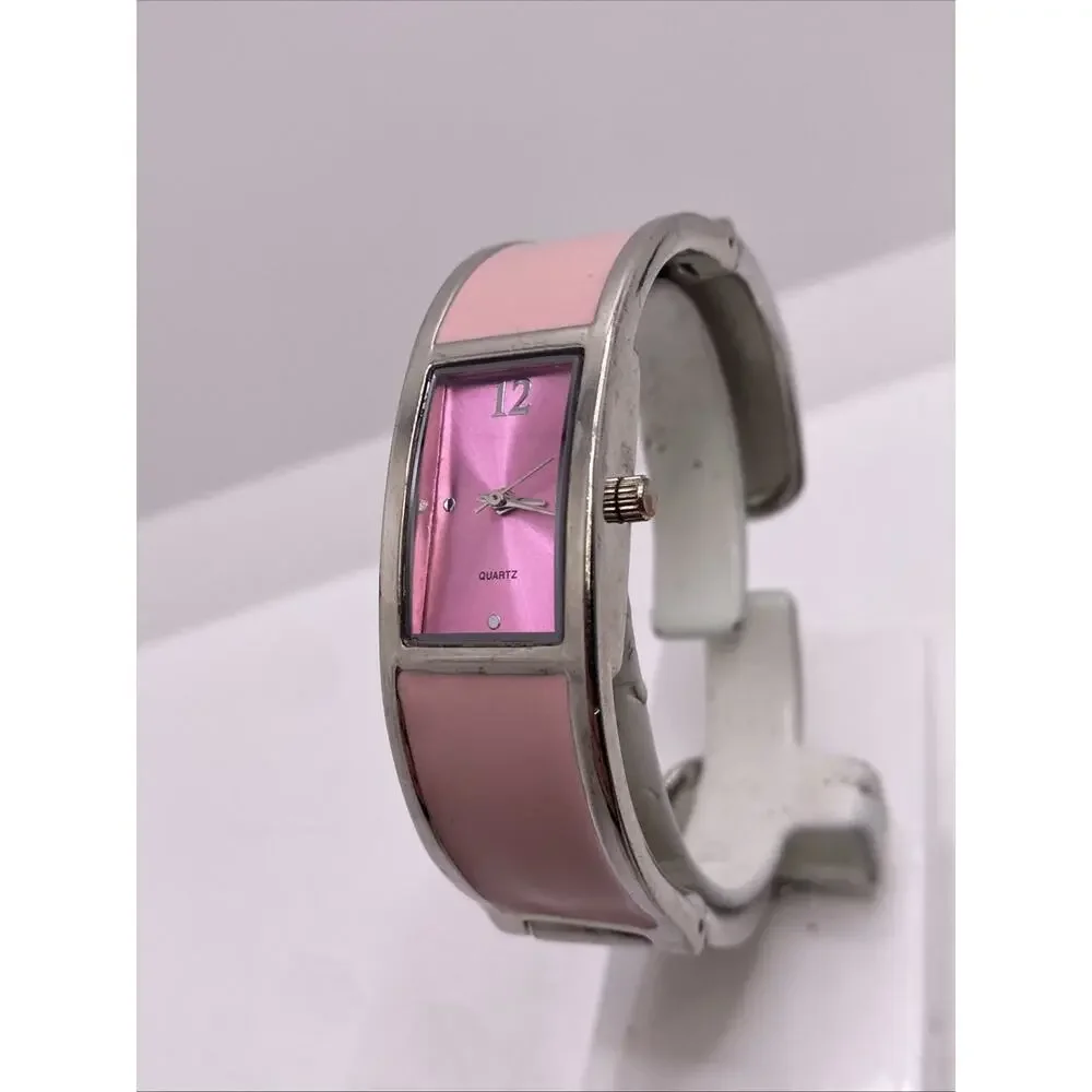Womens Silver Pink Cuff Bangle Watch Works New Battery